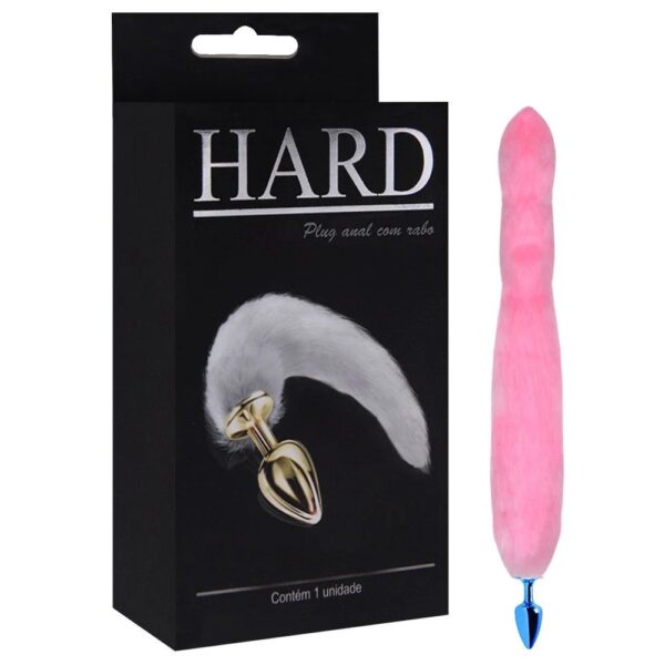 Plug Anal em Metal Azul com Rabo Longo Rosa - Hard