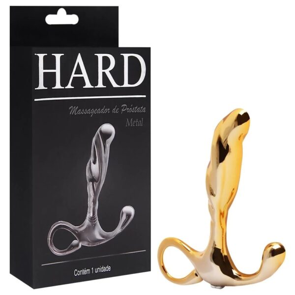 Massageador de próstata em metal com formato ergonômico e alça de segurança - 6,5 x 1,9 cm | cor: dourado - Hard