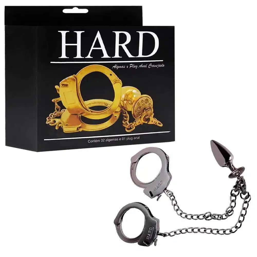 Kit algemas com plug anal Preto cravejado com strass tamanho P hard 1 Kit algemas com plug anal Preto cravejado com strass tamanho P hard