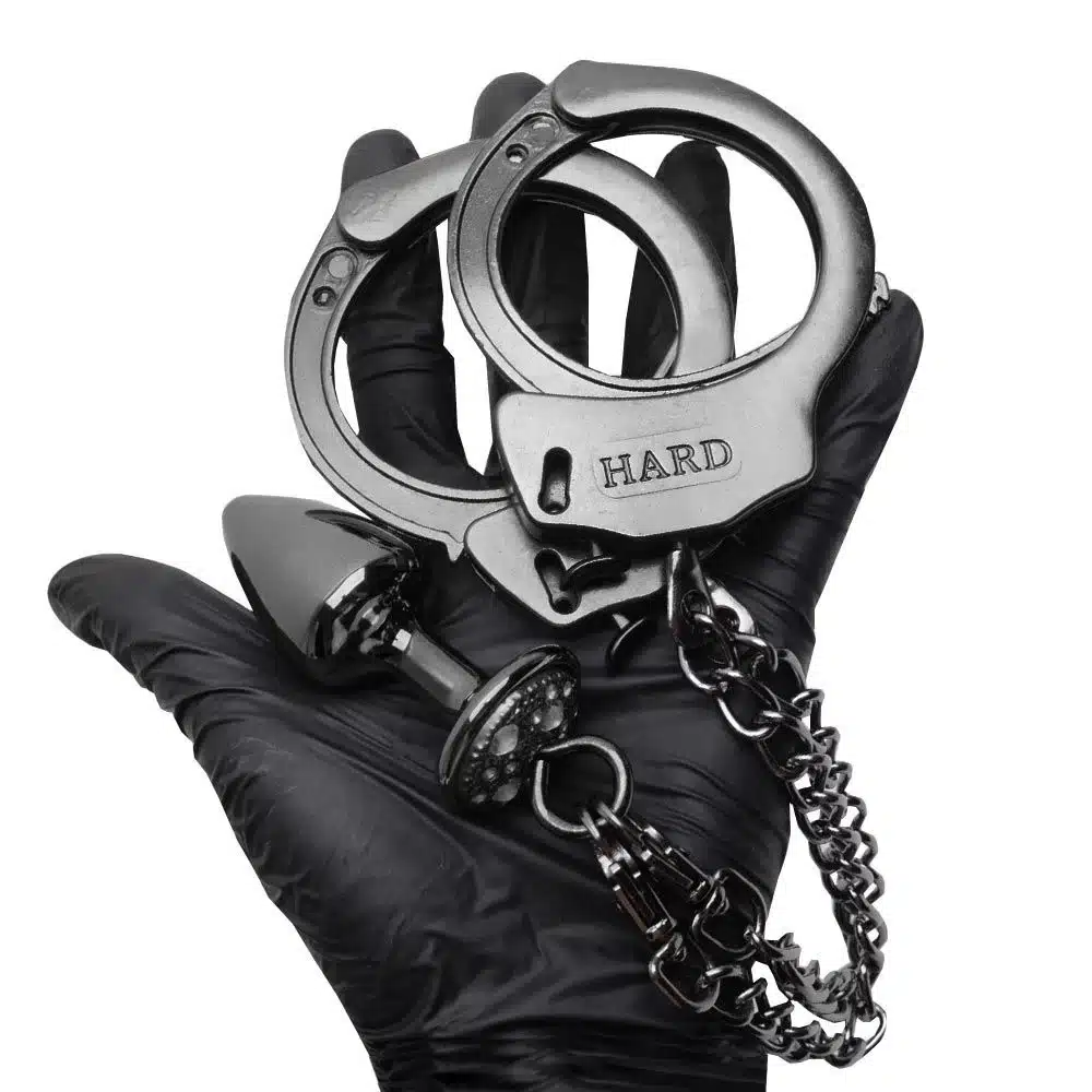 Kit algemas com plug anal Preto cravejado com strass tamanho P hard 4 Kit algemas com plug anal Preto cravejado com strass tamanho P hard - Imagem 4