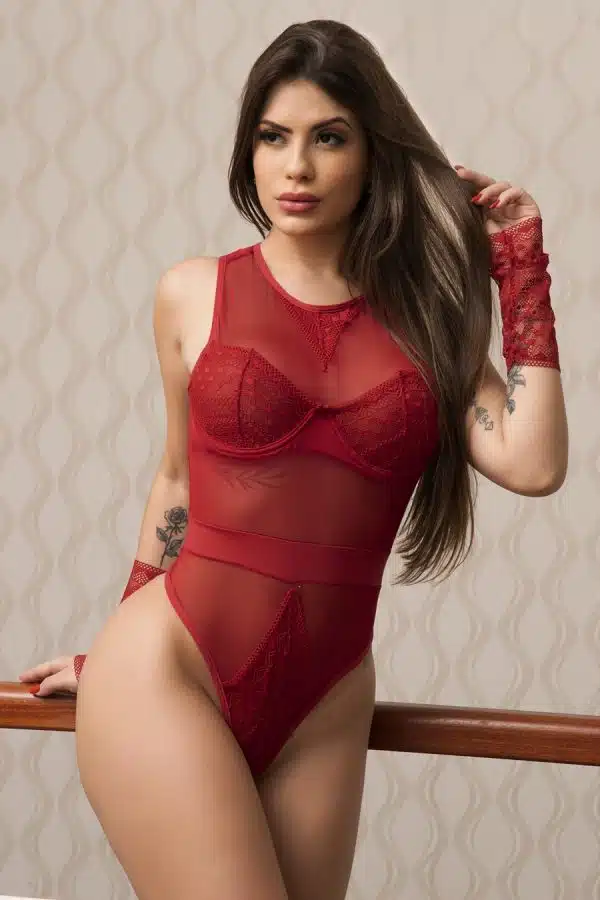 Body sofisticado em tule e renda vermelha fio dental - Imagem 4