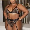 Conjunto de Lingerie Plus size em renda arrastão preto onça com cinta liga