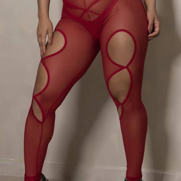 Meia calça sensual cintura alta Vermelha com recortes eróticos
