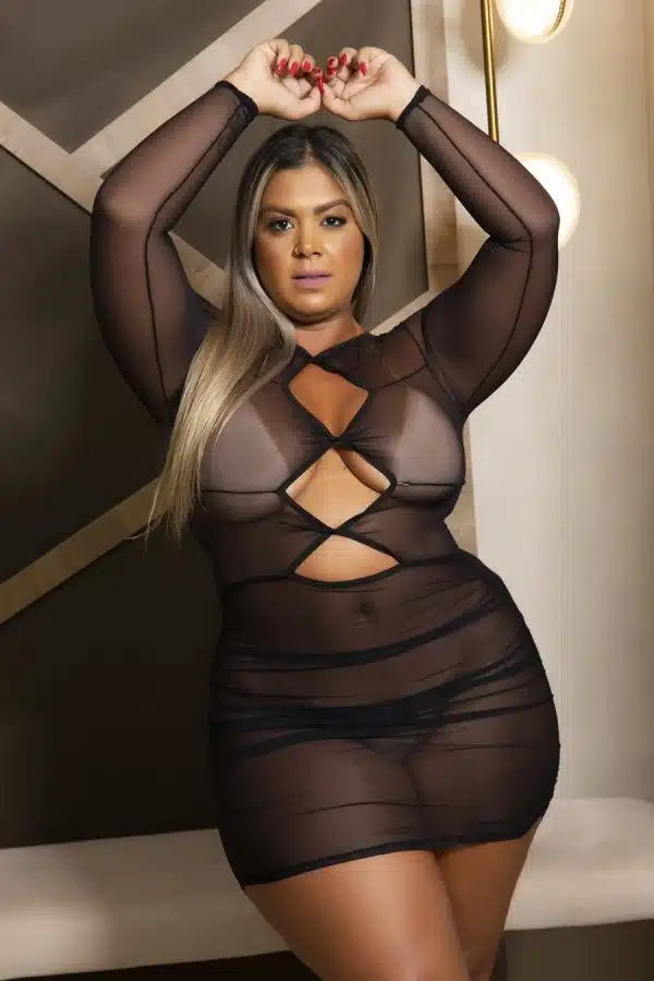 Vestido sexy preto manga longa feito em tule de luxo com transparência - Imagem 2