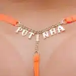 Calcinha fio dental sexy laranja neon palavras strass tallyta moda intíma - Imagem 12