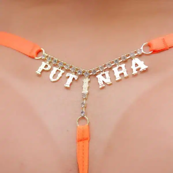 Calcinha fio dental sexy laranja neon palavras strass tallyta moda intíma - Imagem 12