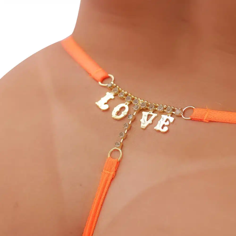 Calcinha fio dental sexy laranja neon palavras strass tallyta moda intíma  Imagem 15