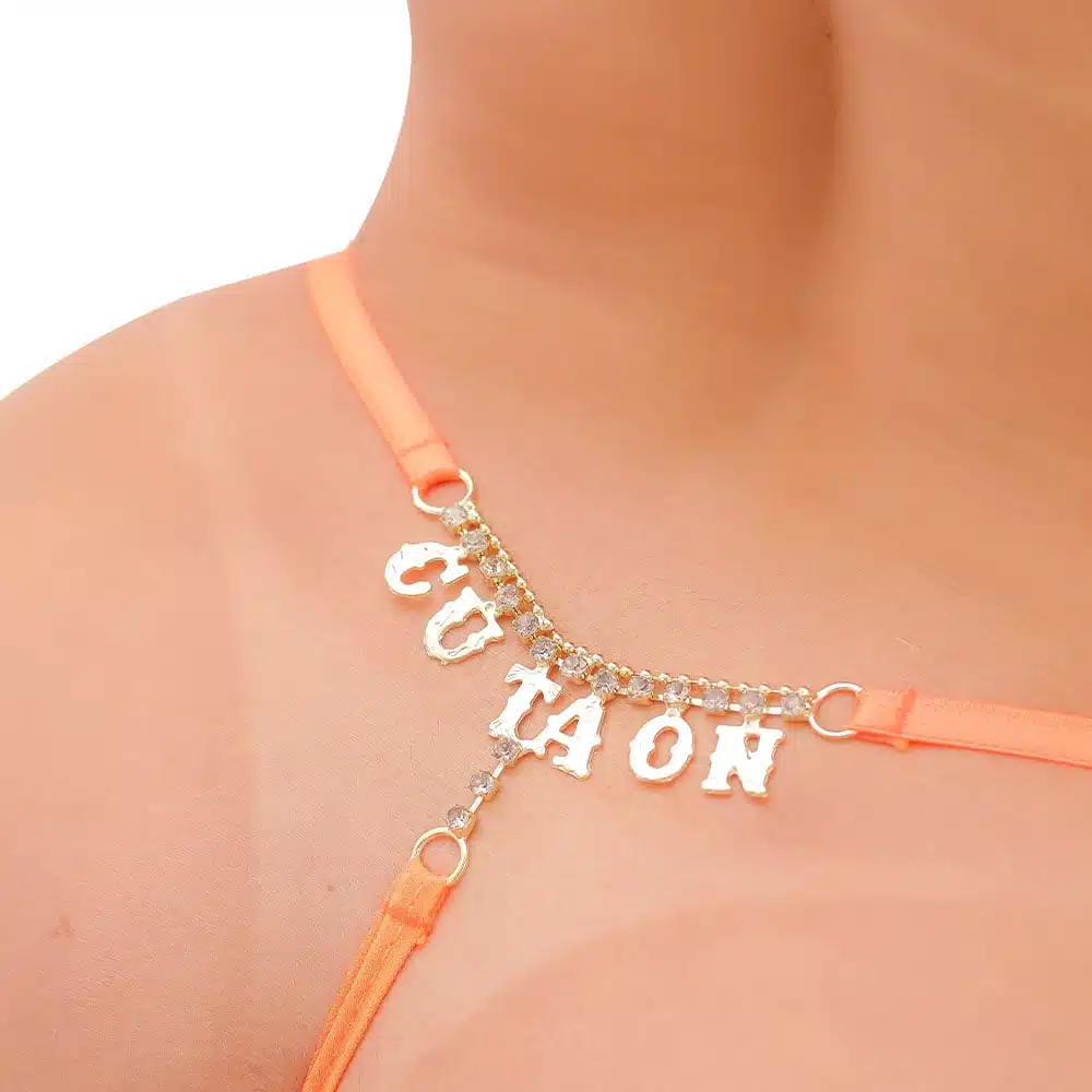 Calcinha fio dental sexy laranja neon palavras strass tallyta moda intíma  Imagem 13