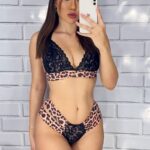 Conjunto lingerie onça com elástico duas tiras sexy luxo