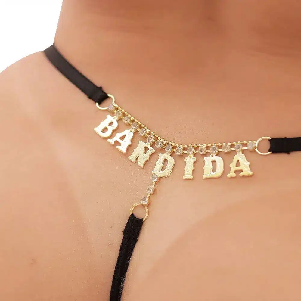 Calcinha Fio Dental Renda Preta Palavras Strass Tallyta  Imagem 13