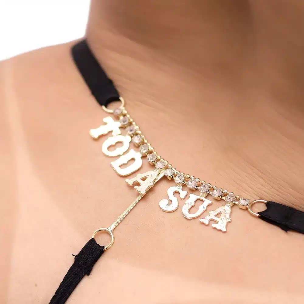 Calcinha Fio Dental Renda Preta Palavras Strass Tallyta  Imagem 24