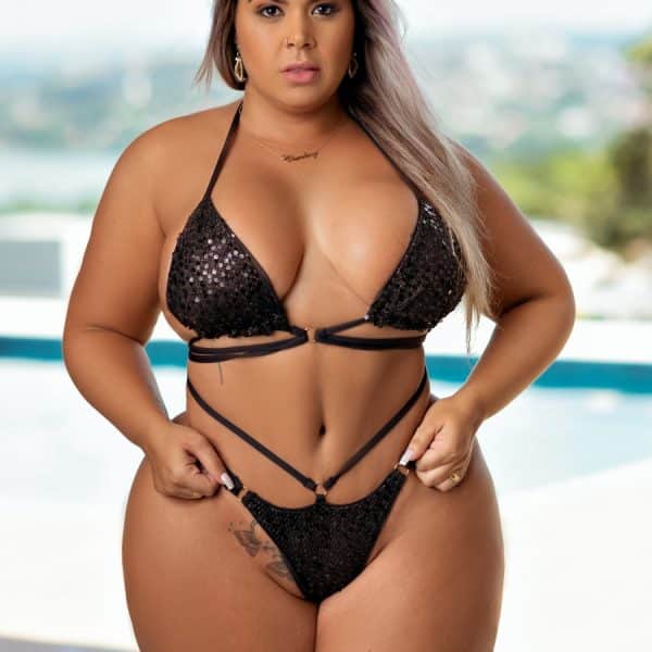 Biquini Plus size iza micro biquini preto com amarraçoes