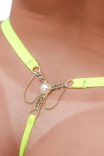 Calcinha Fio Dental Strass Com Pérola amarelo neon
