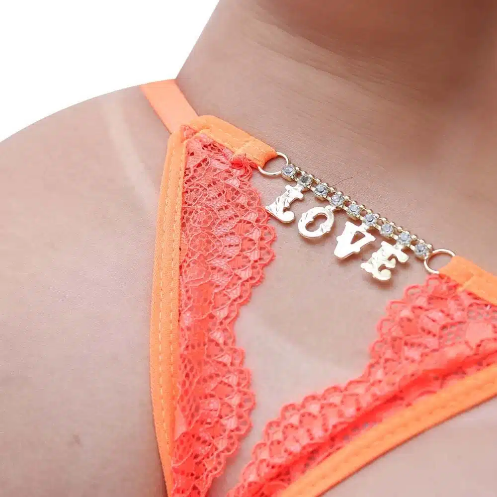 Calcinha Fio Dental Gis Laranja Neon com Palavras Strass  Imagem 18