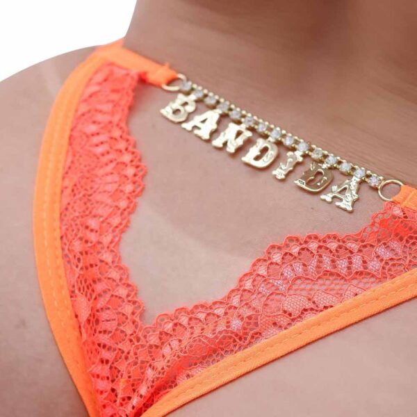 Calcinha Fio Dental Gis Laranja Neon com Palavras Strass - Image 10