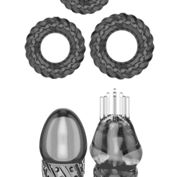 JG Penis Cover Set-Black - Kit com 2 cabeças extensoras e 3 anéis penianos