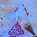 Calcinha fio branca personalizavel tule bordado coração duplo
