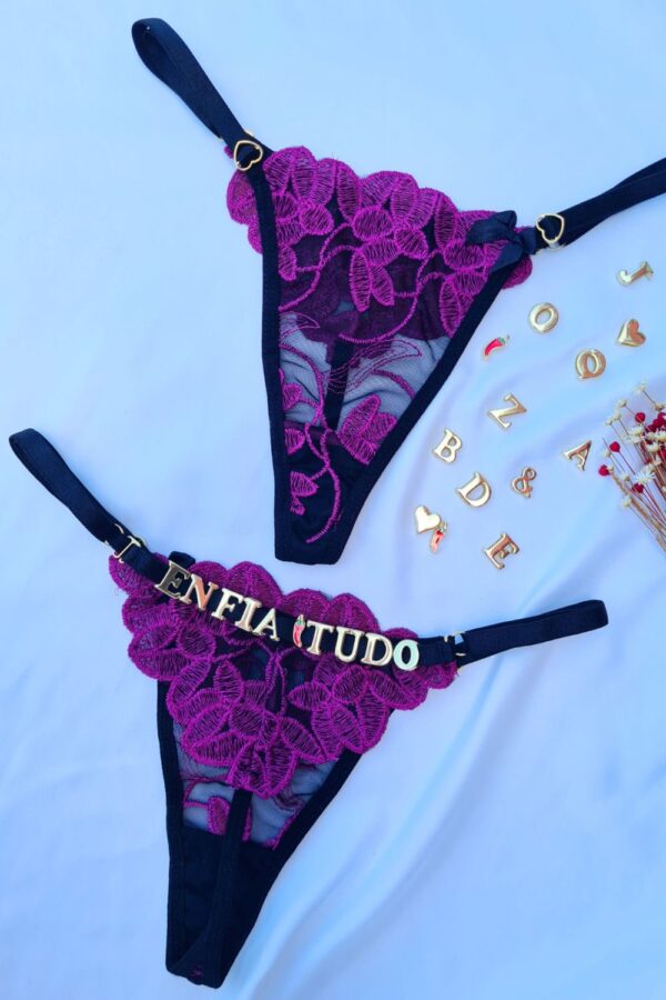 Calcinha Preto Ultra violeta fio personalizável borboleta tule petala