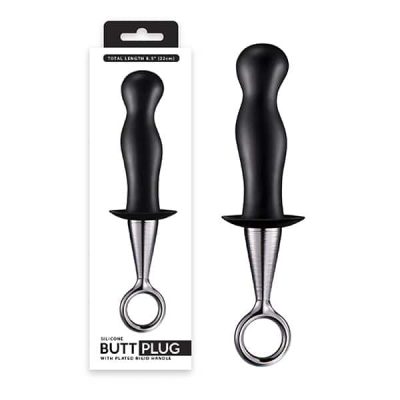Silicone butt plug - Plug anal estimulador de próstata em silicone e alça plástica removível - 11,7 x 3,5 cm