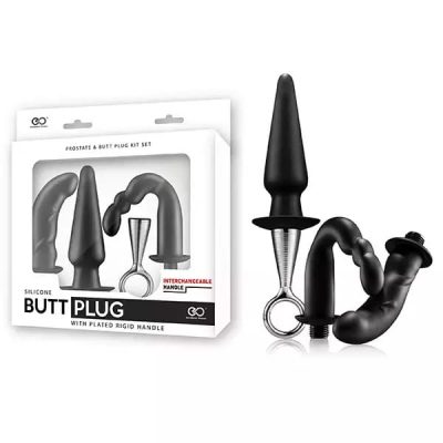 Kit Anal Próstata em Silicone Butt Plug - 3 Modelos e Alça de Metal