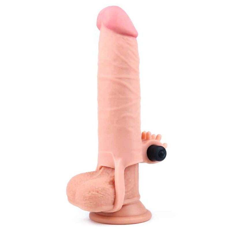 Capa peniana realística 17cm com cápsula vibratória e anel para escroto - Imagem 3