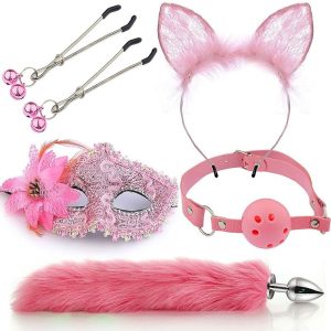 Kit Rabo de Raposa, Tiara de Orelhas, Grampos para os Seios e Gargantilha com Máscara