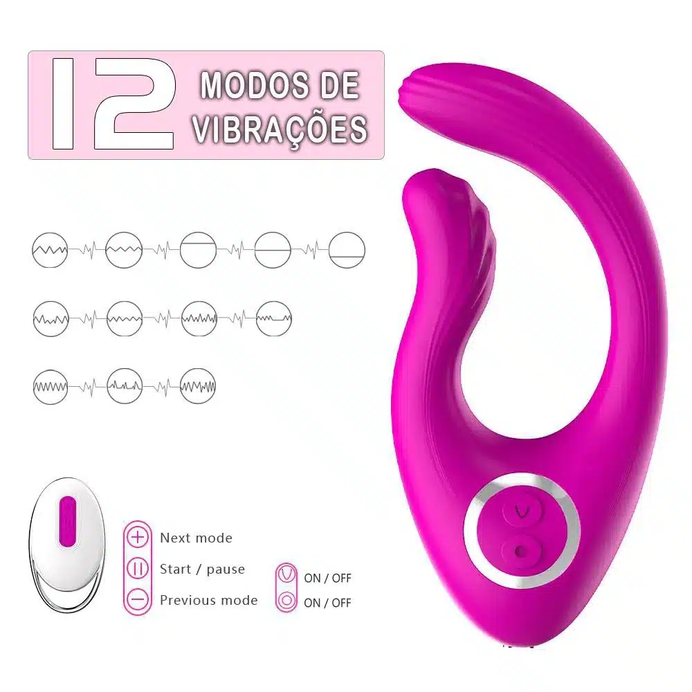 Vibrador com Motor Duplo e controle sem Fio Rosa  Recarregável  Imagem 5