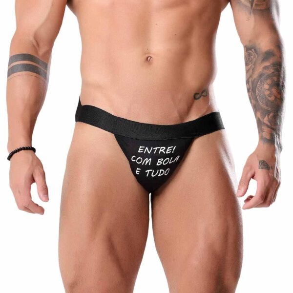 Cueca Jockstrap com frase Entre com bola e tudo Preta Tallyta