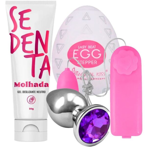 Kit com Sedenta Molhada masturbador Egg Stepper Plug Anal 8,2x4,4cm e Bullet