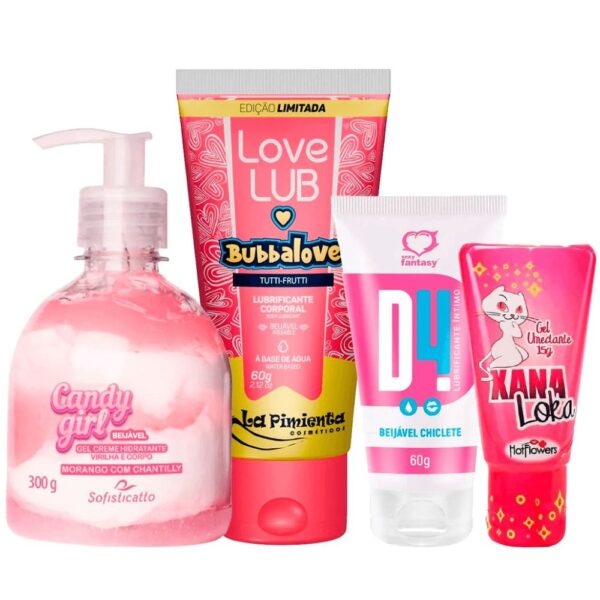 Kit com D4 Lubrificante excitante Xana Loka Candy Girl e Love Lub Bubbalove