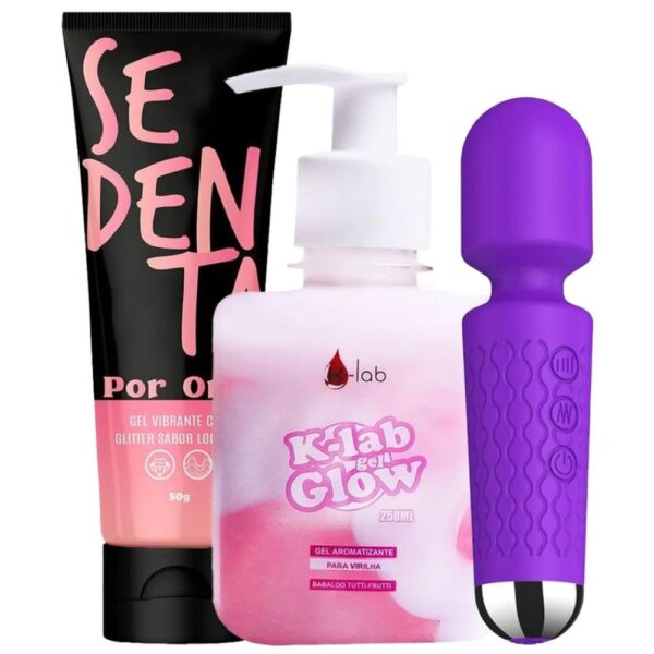 Kit com vibrador Mini Varinha Mágica Sedenta Por Oral e Glow Gel K-Lab