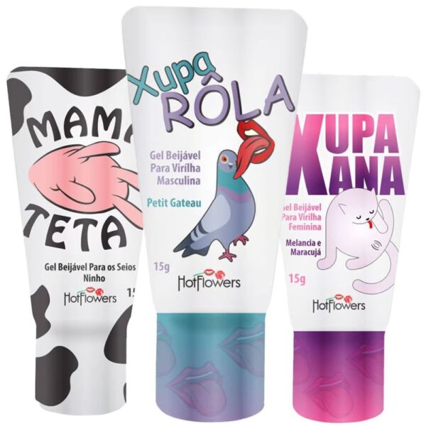 Kit Erótico com Geis Beijáveis Mama Teta, Xupa Rola e Xupa Xana Hot Flowers