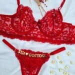 Conjunto sem bojo com aro vermelho lulu tule beijo personalizavel