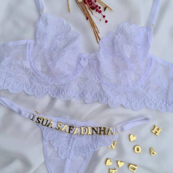 Conjunto sem bojo branco com aro lulu tule pétala personalizavel