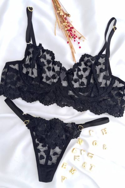 Alternative view of Conjunto sem bojo preto com aro lulu tule coração personalizavel