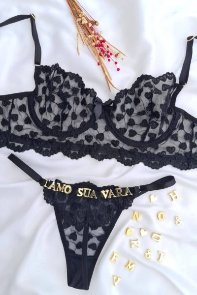 Conjunto sem bojo preto com aro lulu tule coração personalizavel