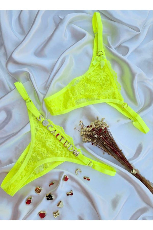 Calcinha fio personalizável renda amarelo neon
