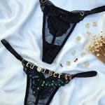 Calcinha fio personalizável preta com tule liso lantejoula