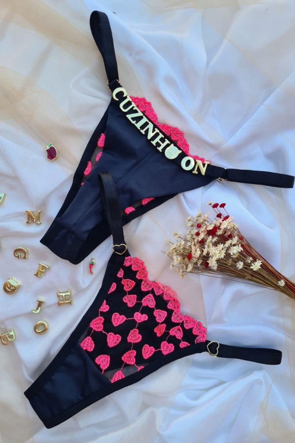Calcinha fio preto com rosa neon personalizavel tule bordado coração duplo
