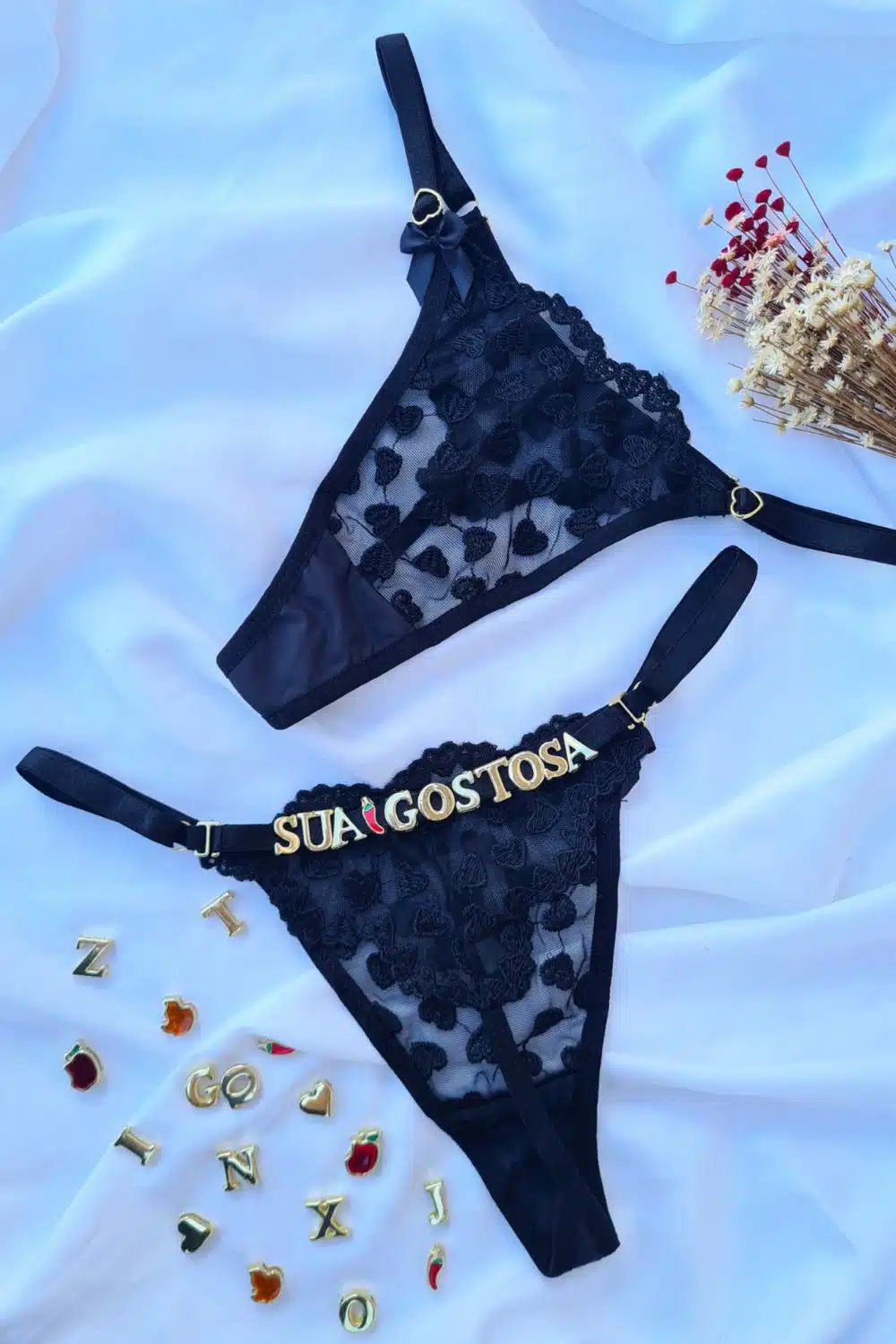 Calcinha preta fio personalizável borboleta tule coração 2 Calcinha preta fio personalizável borboleta tule coração - Imagem 2