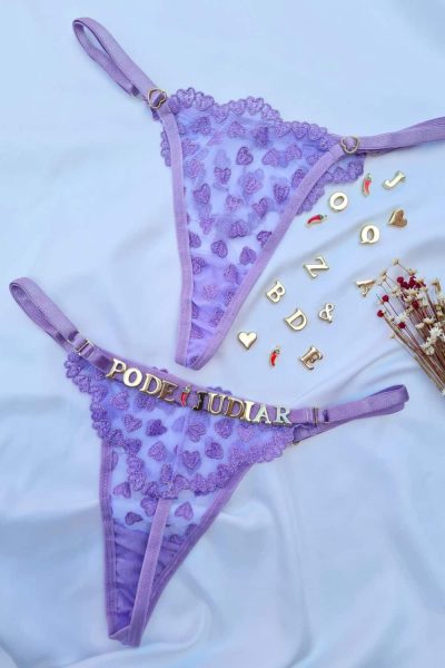 Calcinha Lilás fio personalizável borboleta tule coração