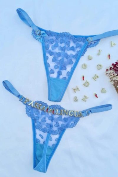 Calcinha Azul místico fio personalizável borboleta tule coração