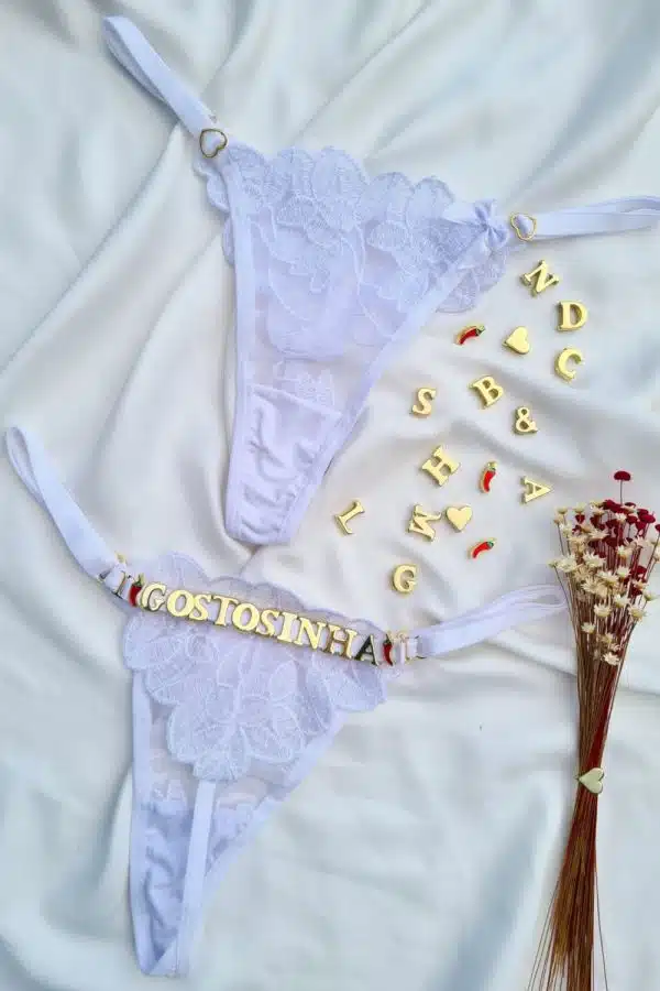 Calcinha branca fio personalizável borboleta tule petala