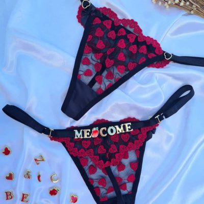 Calcinha Preto com vermelho fio personalizável borboleta tule Coração