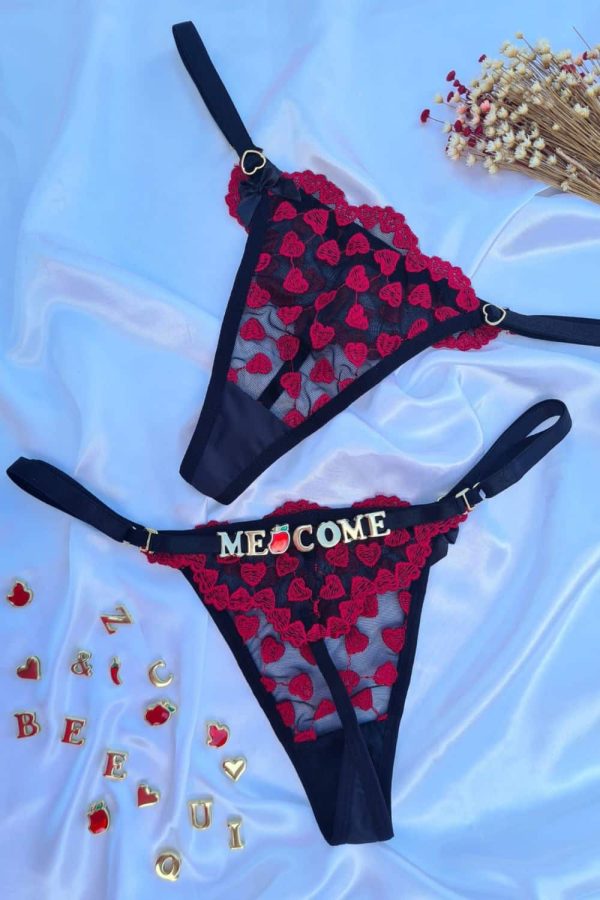 Calcinha Preto com vermelho fio personalizável borboleta tule Coração