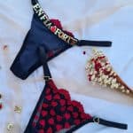 Calcinha personalizável fio Preto com vermelho em tule bordado coração duplo