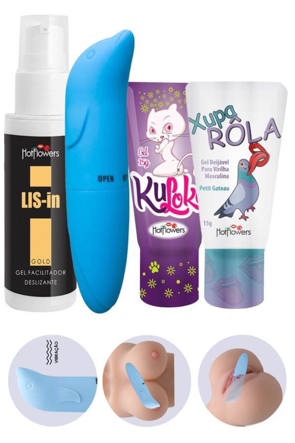 Kit Erótico com Vibrador Ponto G Golfinho, Kuloko, Xupa Rola e LIS-In