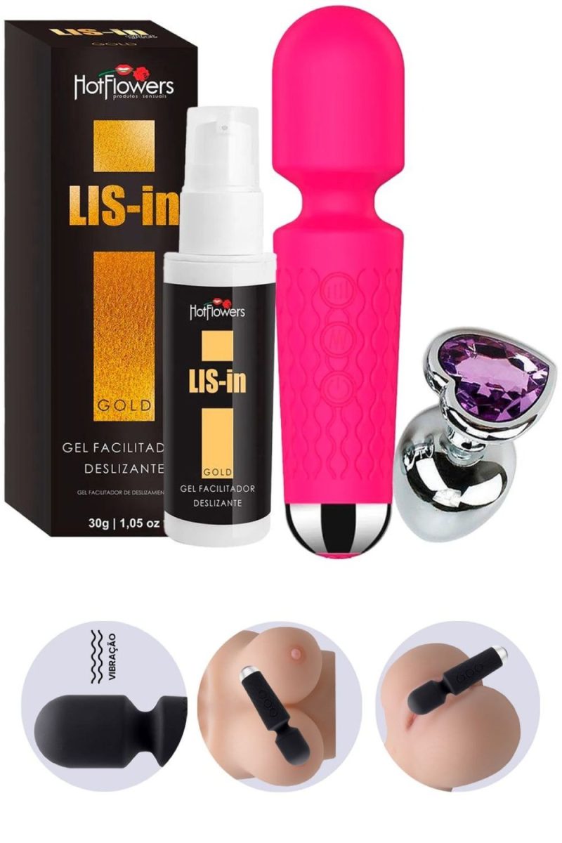 Kit Erótico com LIS-In, Plug Anal Cônico com Cristal Formato Coração M e Mini Varinha Mágica