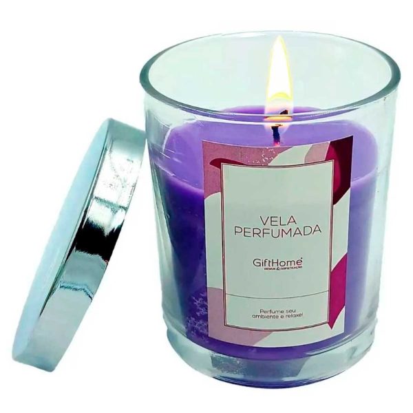 Vela Decorativa Aromática lichia e chá branco em Parafina roxo