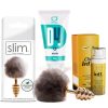 Kit prazer anal composto por plug anal de pompom pelucia, Lubrificante intimo d4 e Cliv intt gold